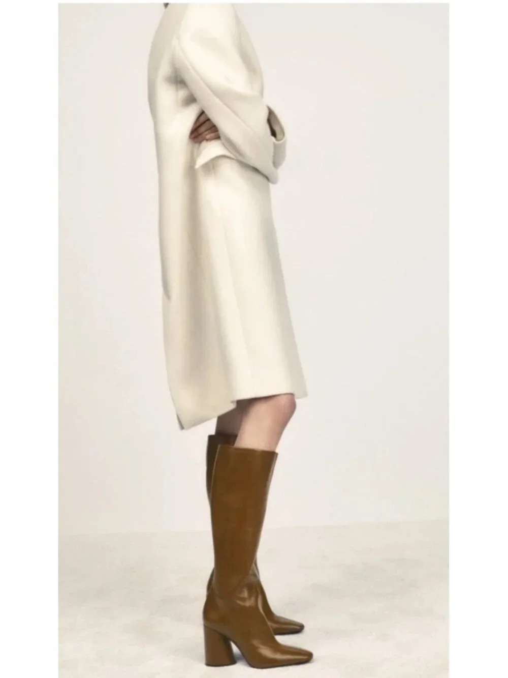 ZARA Camel Brown Leather Knee High Boots Block Heel Square Toe Women's EU 40US 9